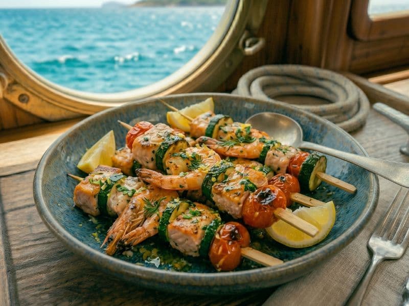 Lachs-Garnelen-Spieße vom Deckgrill