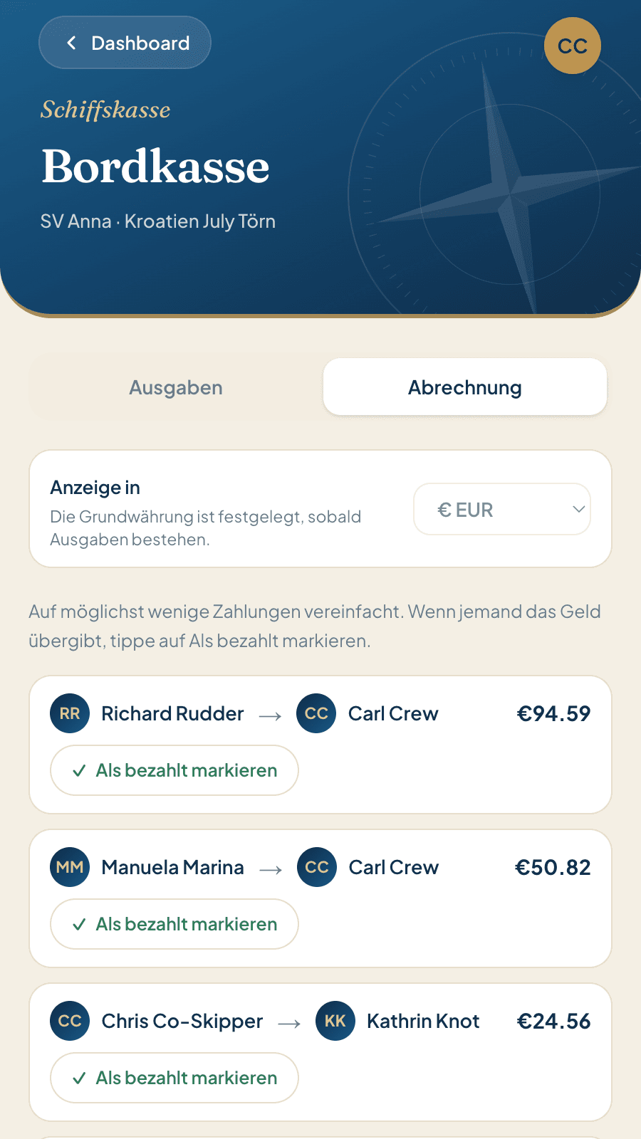 Bordkasse – Aufschlüsselung der Ausgaben je Crewmitglied