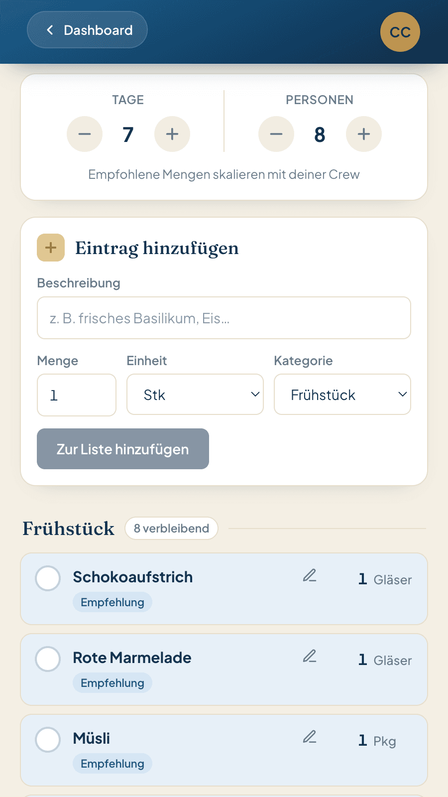 Einkaufsliste + Rechner