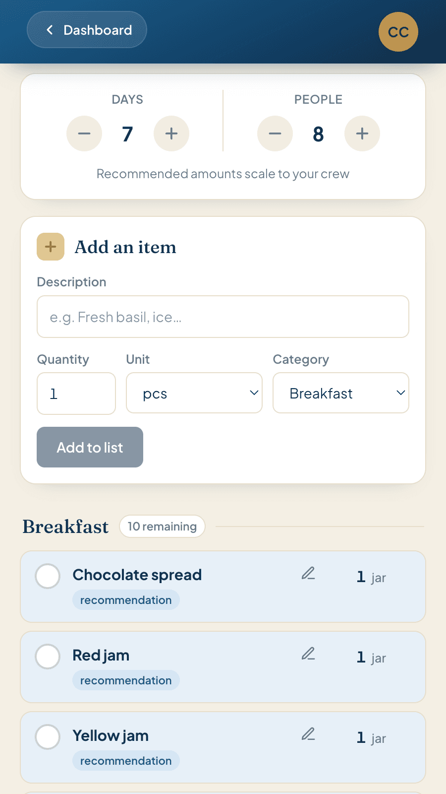 Shopping list with calculator