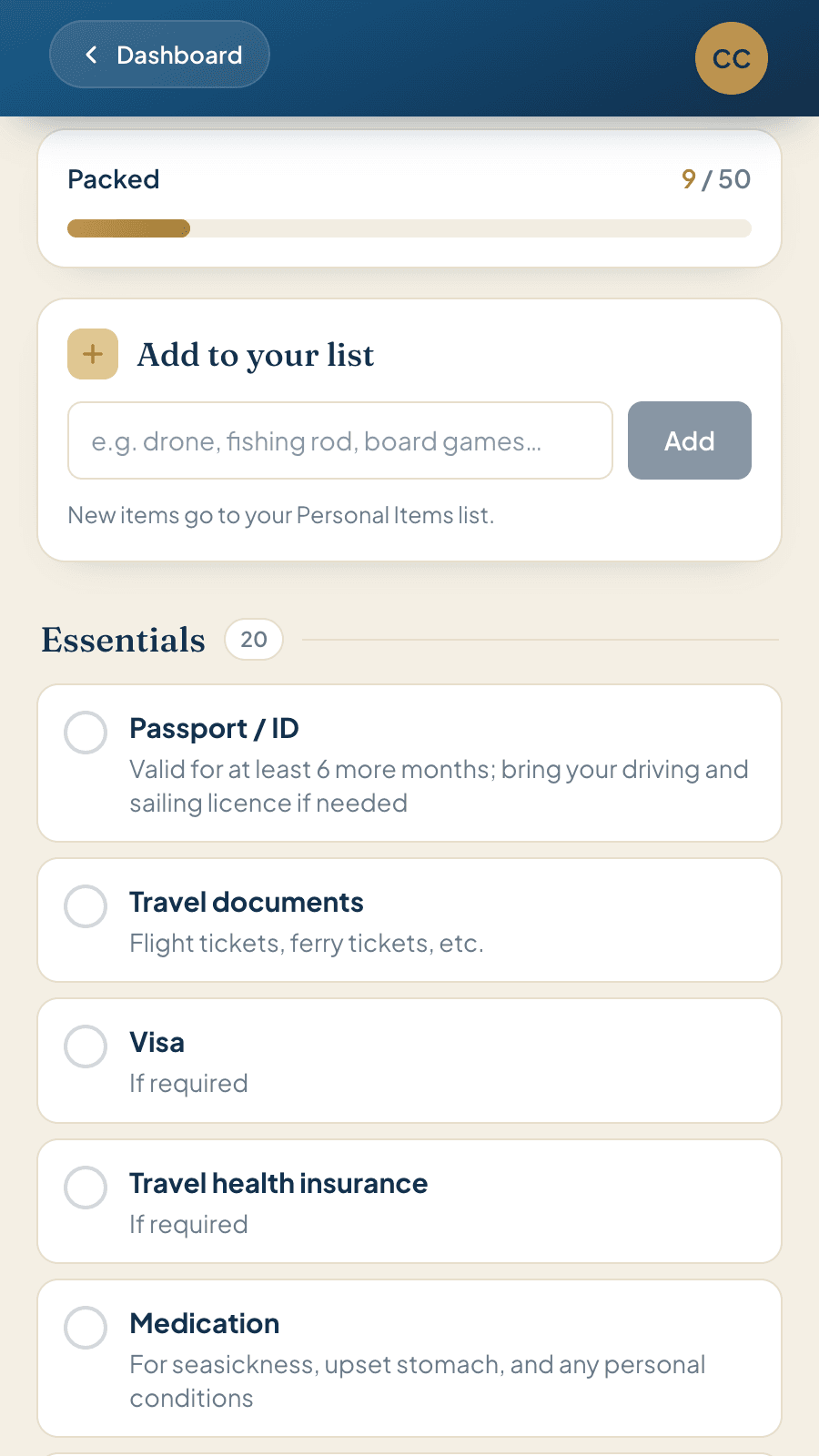 Packing list in Skipper Connect with items ticked off by category