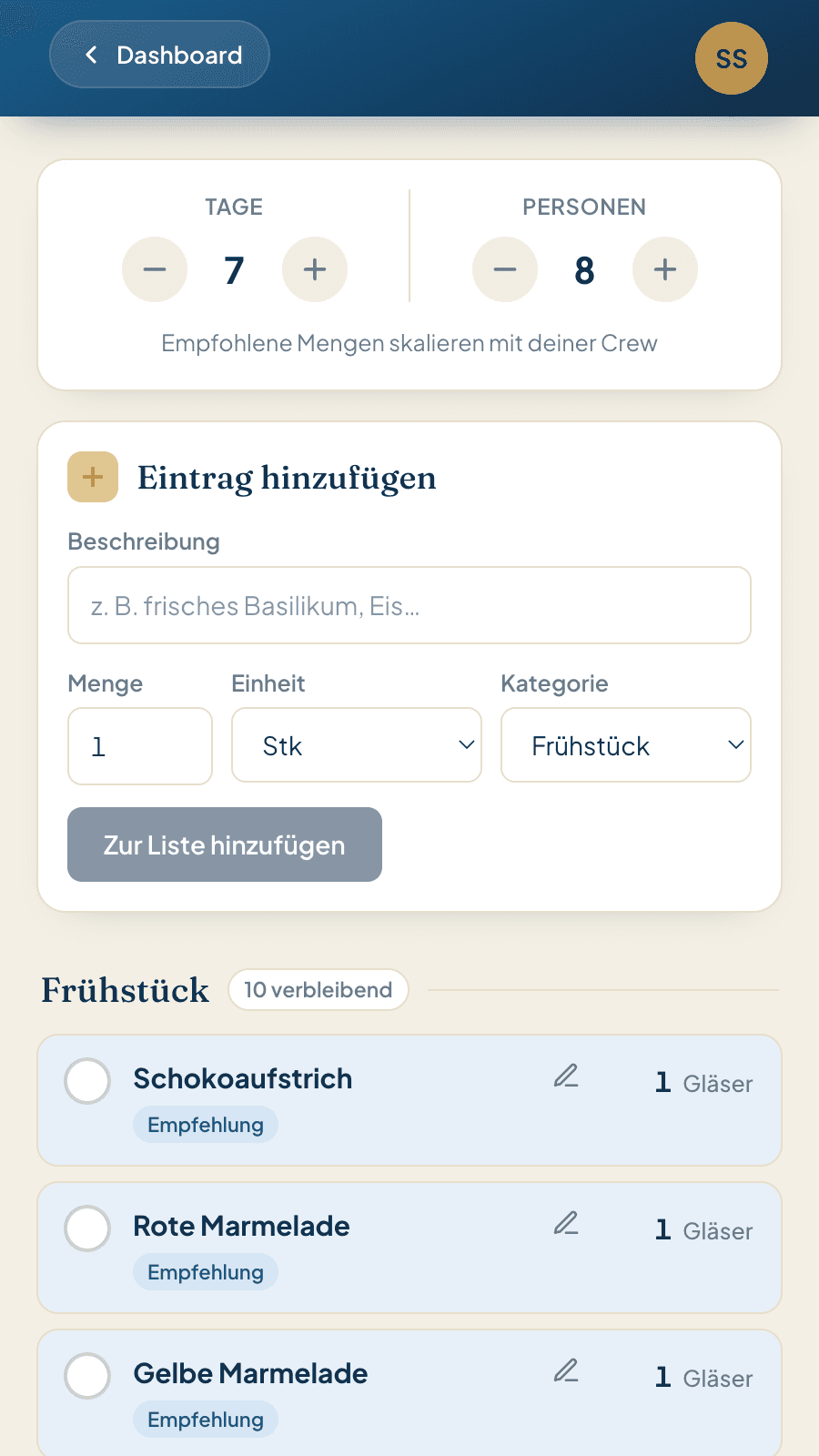 Einkaufsliste in der App mit dem Rechner für Tage und Personen