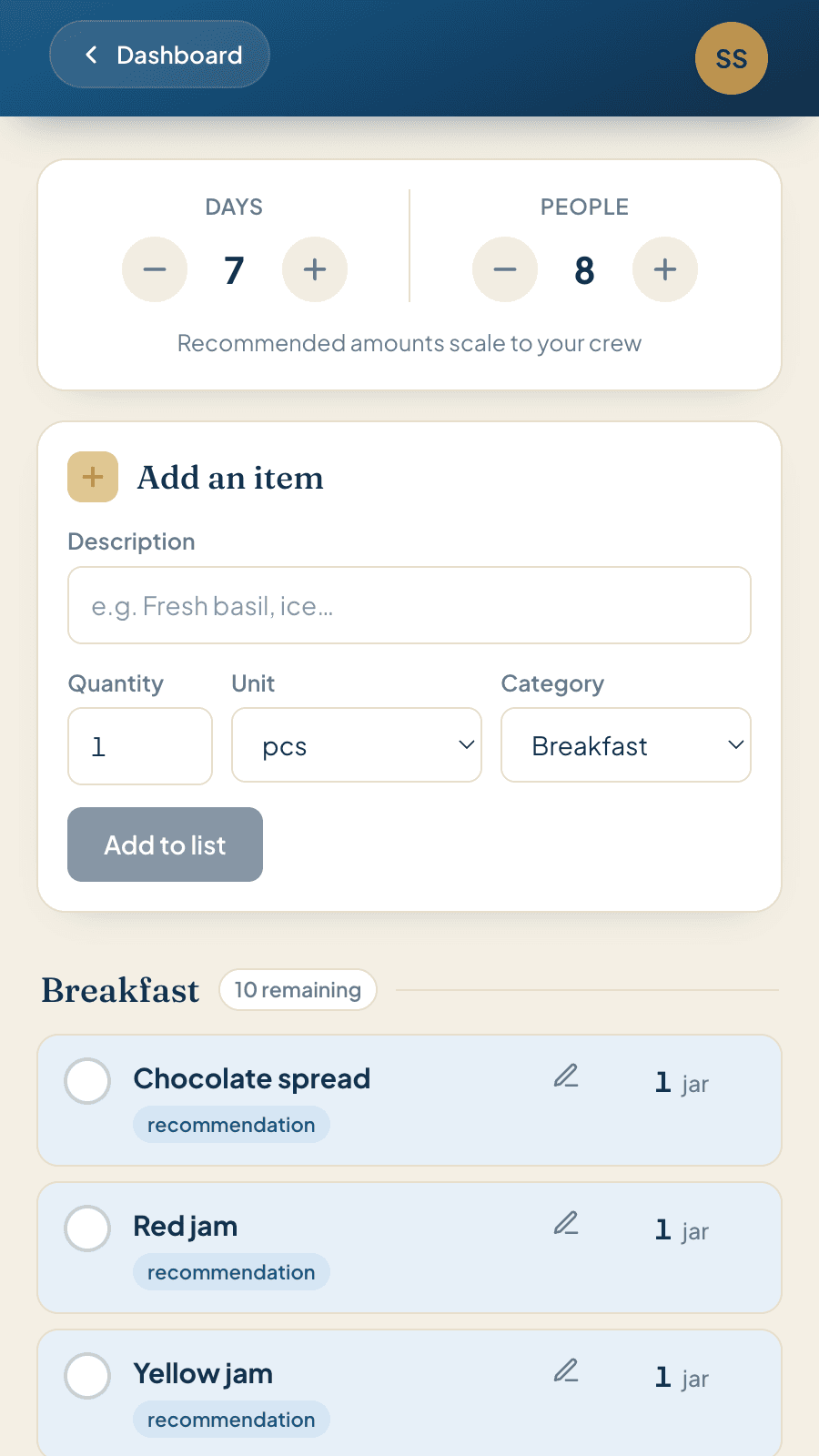 The provisioning list in the app with the calculator for days and people