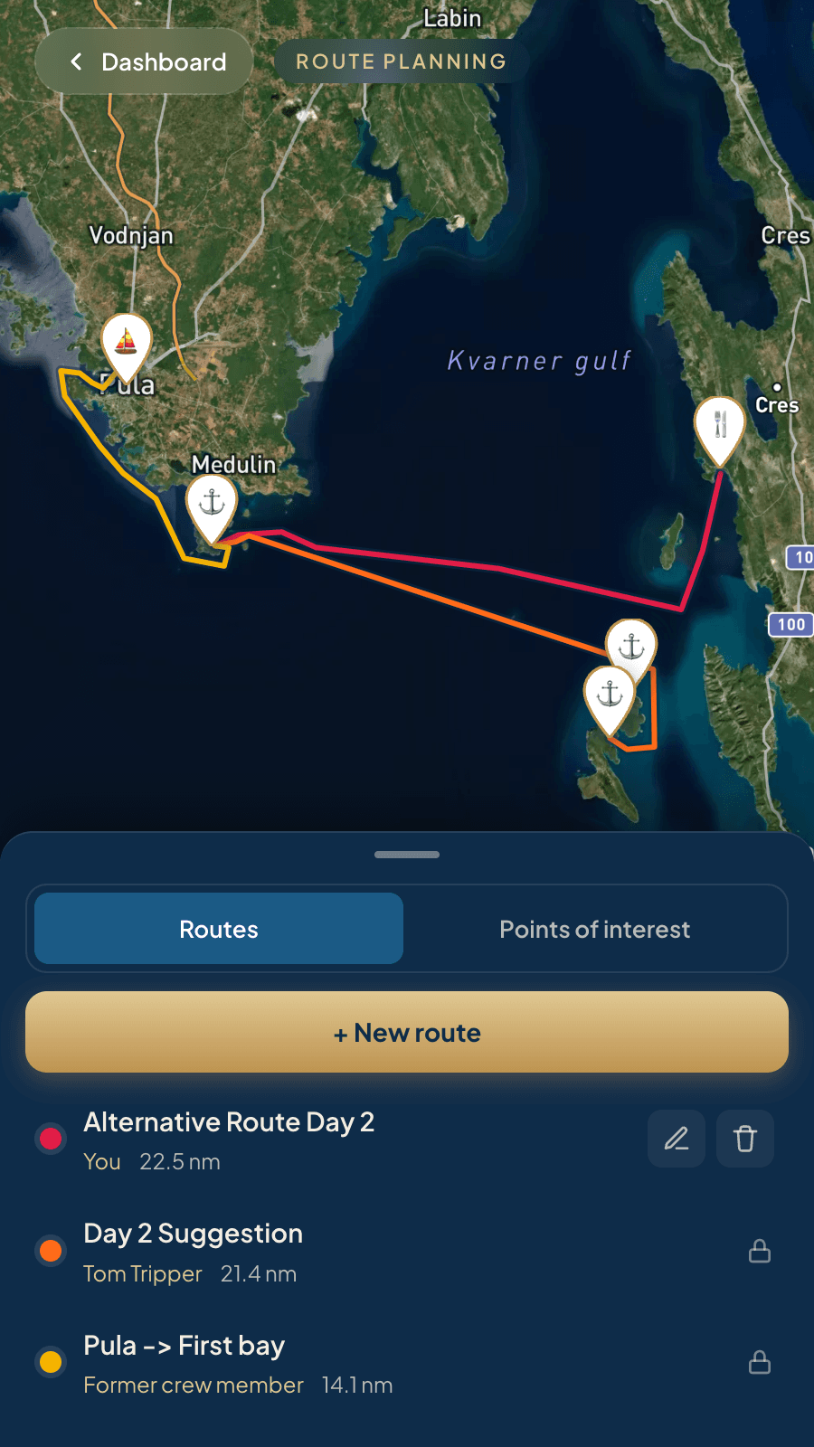 Points of interest in Skipper Connect on a phone: an anchorage with a note, a restaurant and a harbour, each carrying the name of the person who added it