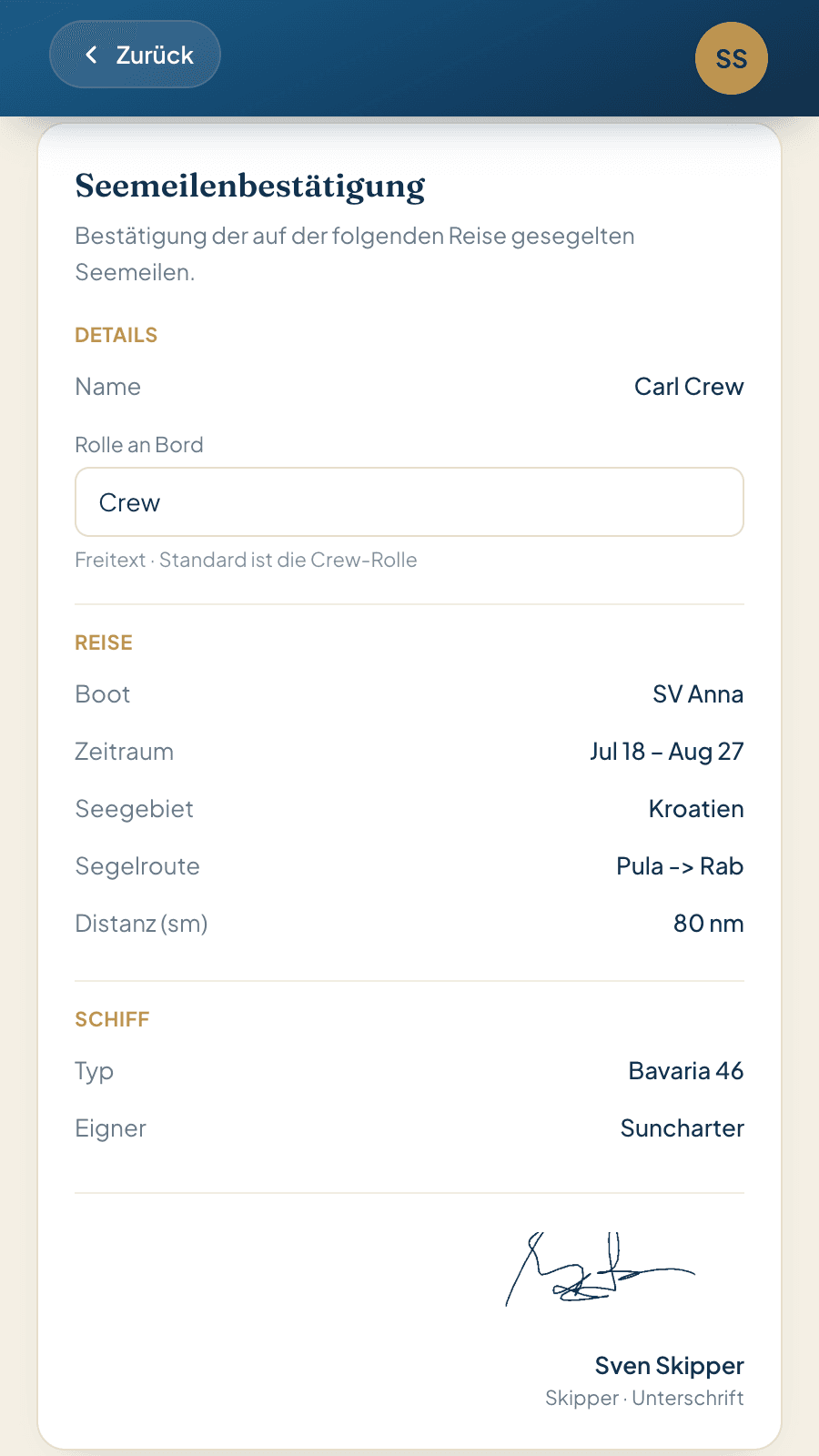 Seemeilenbestätigung als PDF