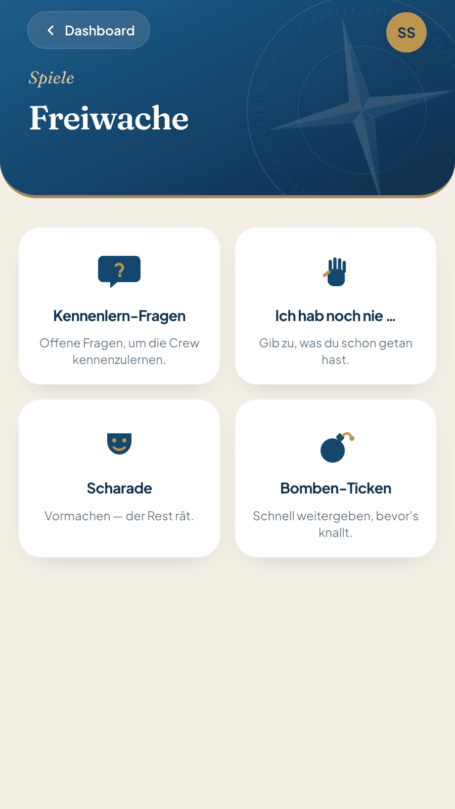 Der Bereich Freiwache in Skipper Connect mit den vier Spielen Kennenlern-Fragen, Ich hab noch nie, Scharade und Bomben-Ticken
