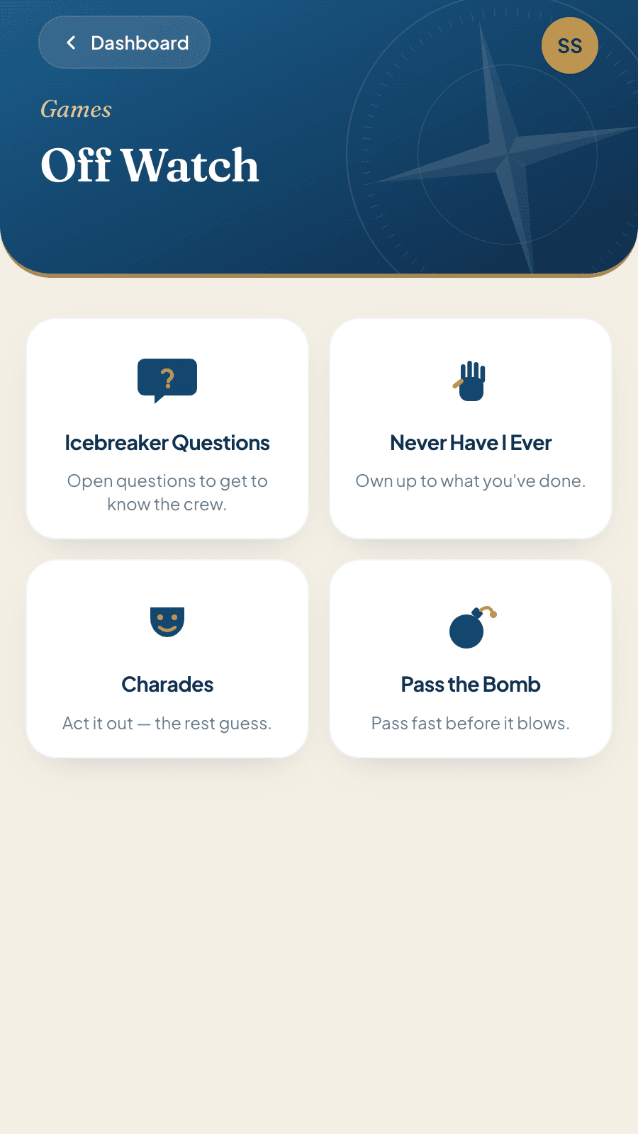 The Off Watch section in Skipper Connect with the four games Icebreaker Questions, Never Have I Ever, Charades and Pass the Bomb
