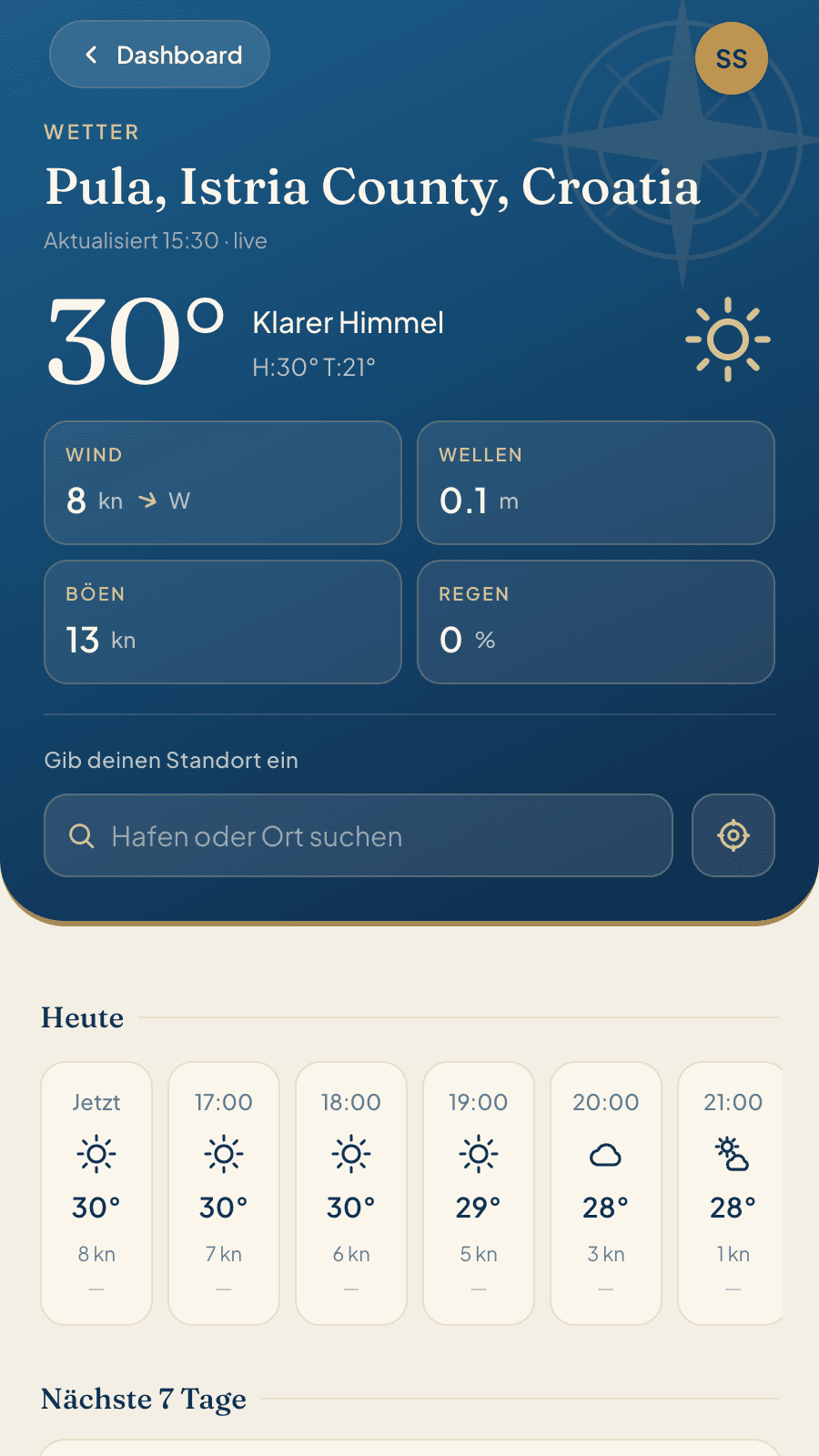 Die Wetteransicht von Skipper Connect mit Wind in Knoten, Wellenhöhe, Böen und Regen sowie der Vorschau für sieben Tage