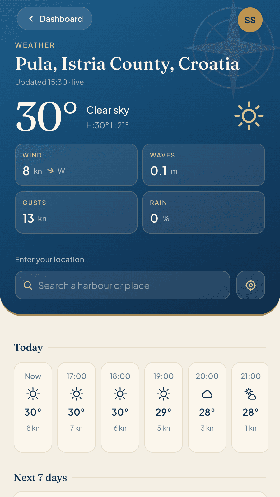 The weather view in Skipper Connect showing wind in knots, wave height, gusts and rain, plus the seven-day preview