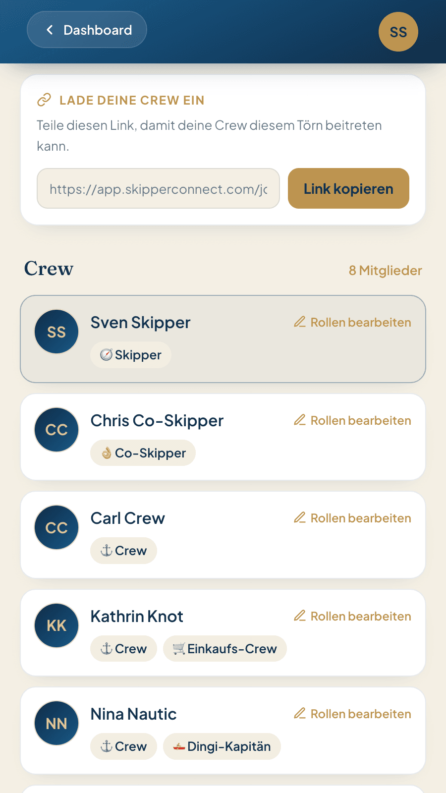 Crew-Liste mit Einladungslink