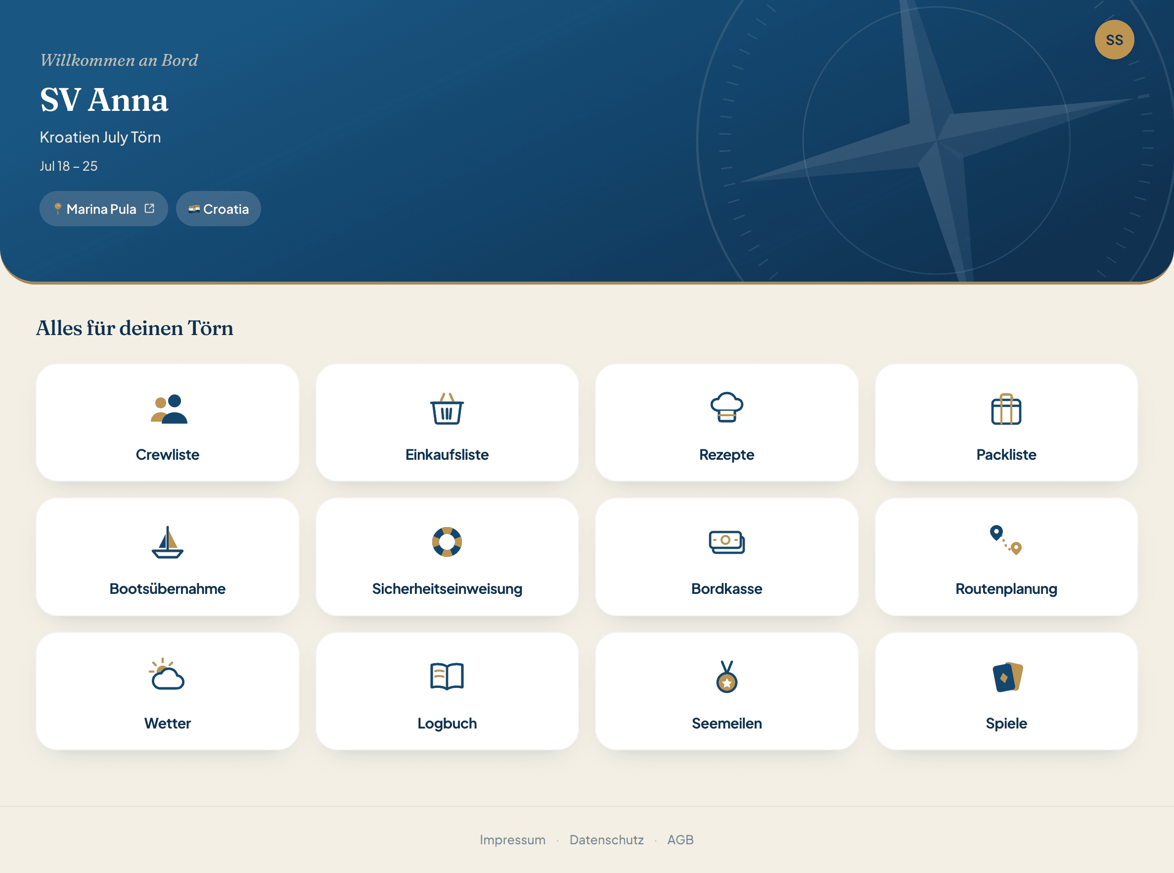 Skipper Connect im Browser: Übersicht eines Segeltörns mit allen Modulen