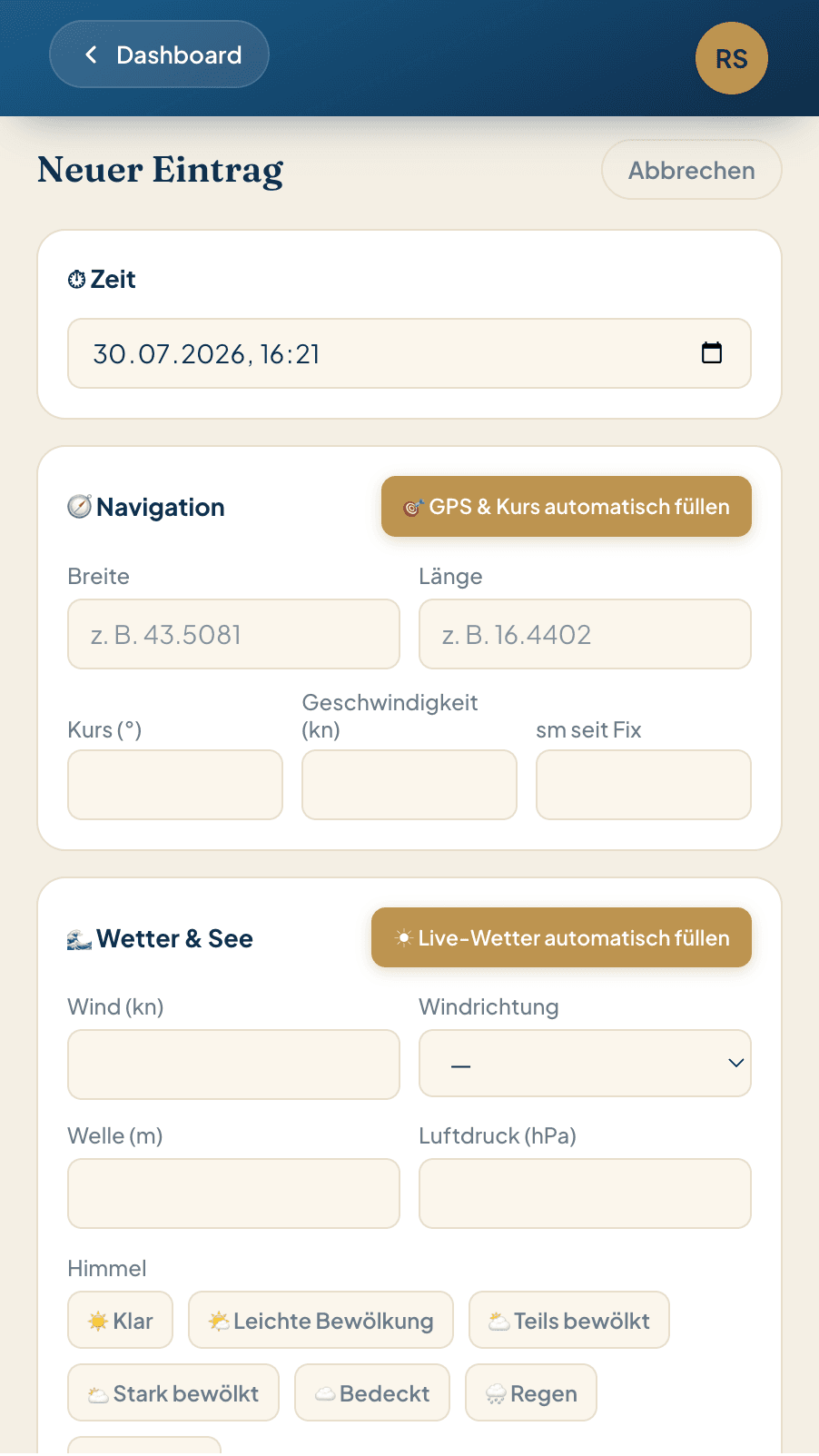 Neuen Logbuch-Eintrag anlegen in Skipper Connect