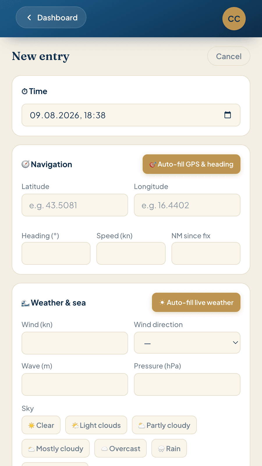 Creating a new logbook entry in Skipper Connect