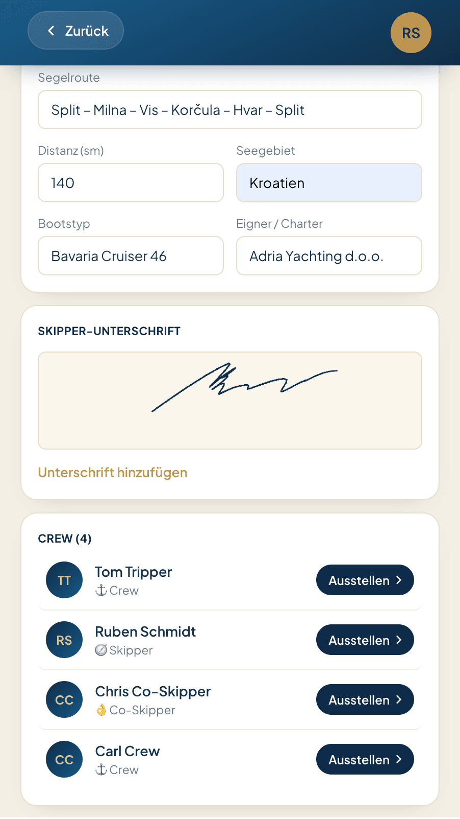 Crewliste eines Segeltörns mit Auswahl, wer eine Seemeilenbestätigung erhält