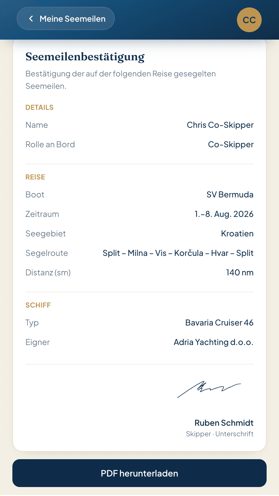 Ausgestellte Seemeilenbestätigungen im Profil eines Crewmitglieds