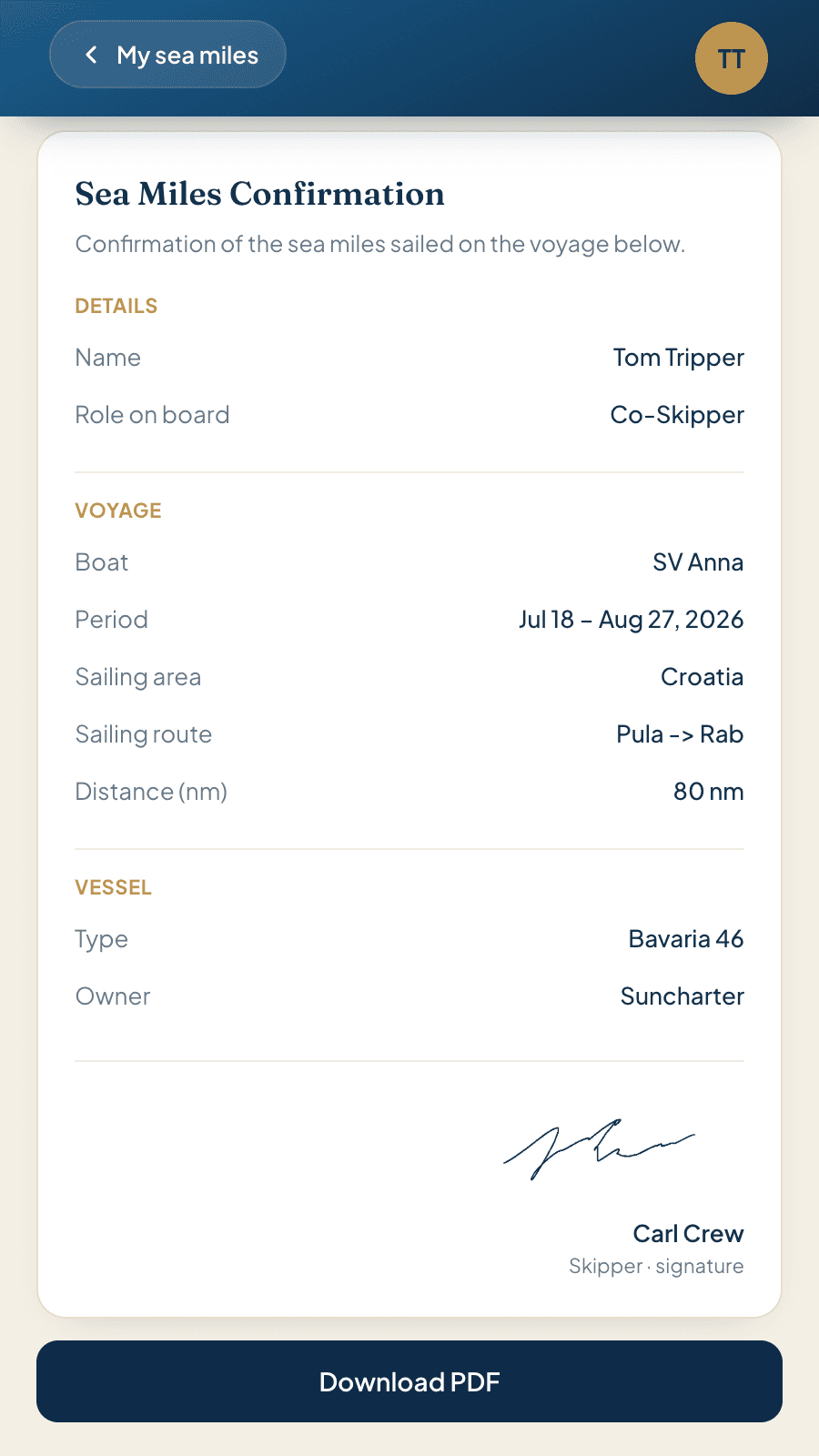 Issued mileage records in a crew member's profile
