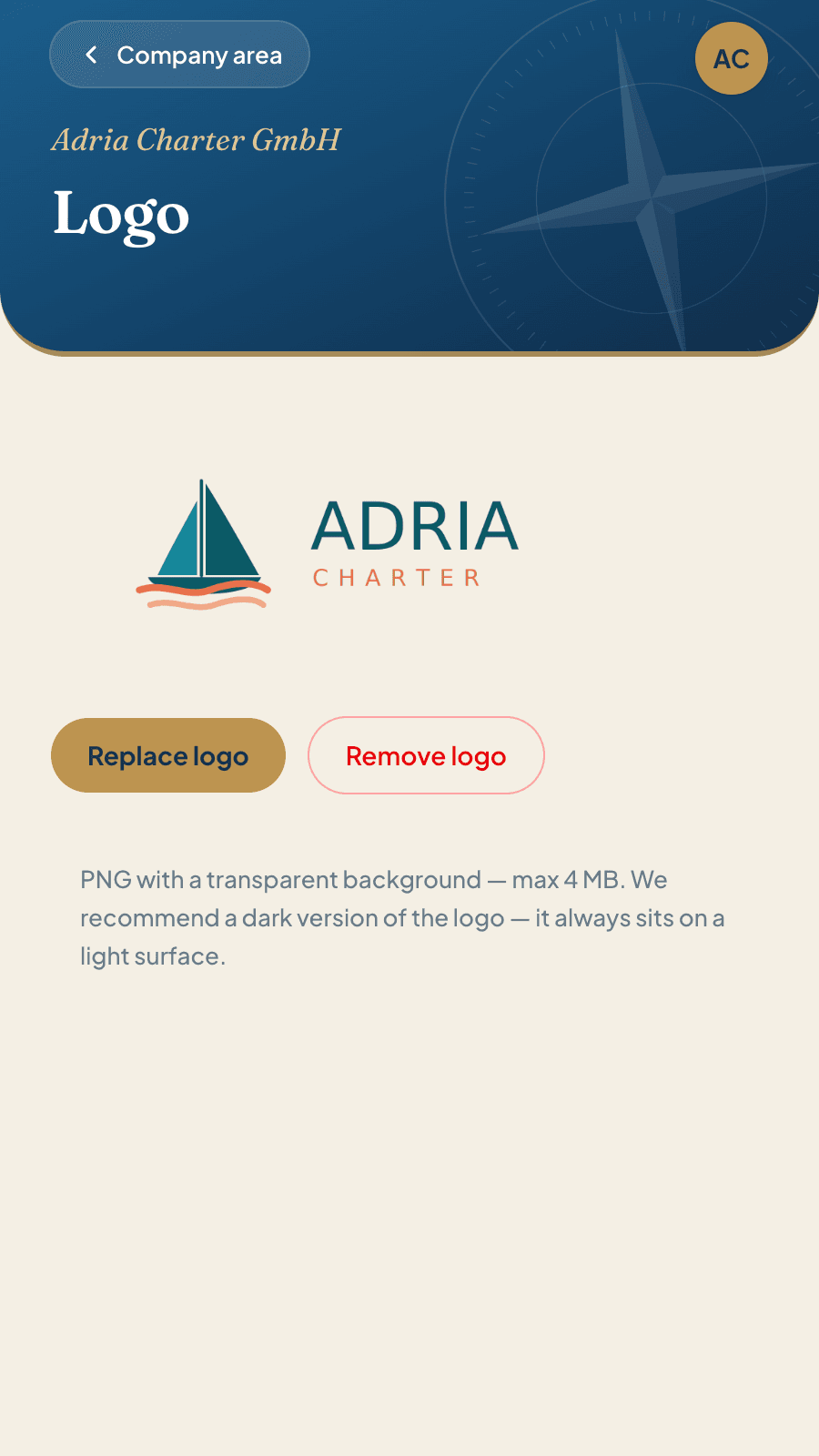 Logo management in the company area: upload, replace or remove your logo
