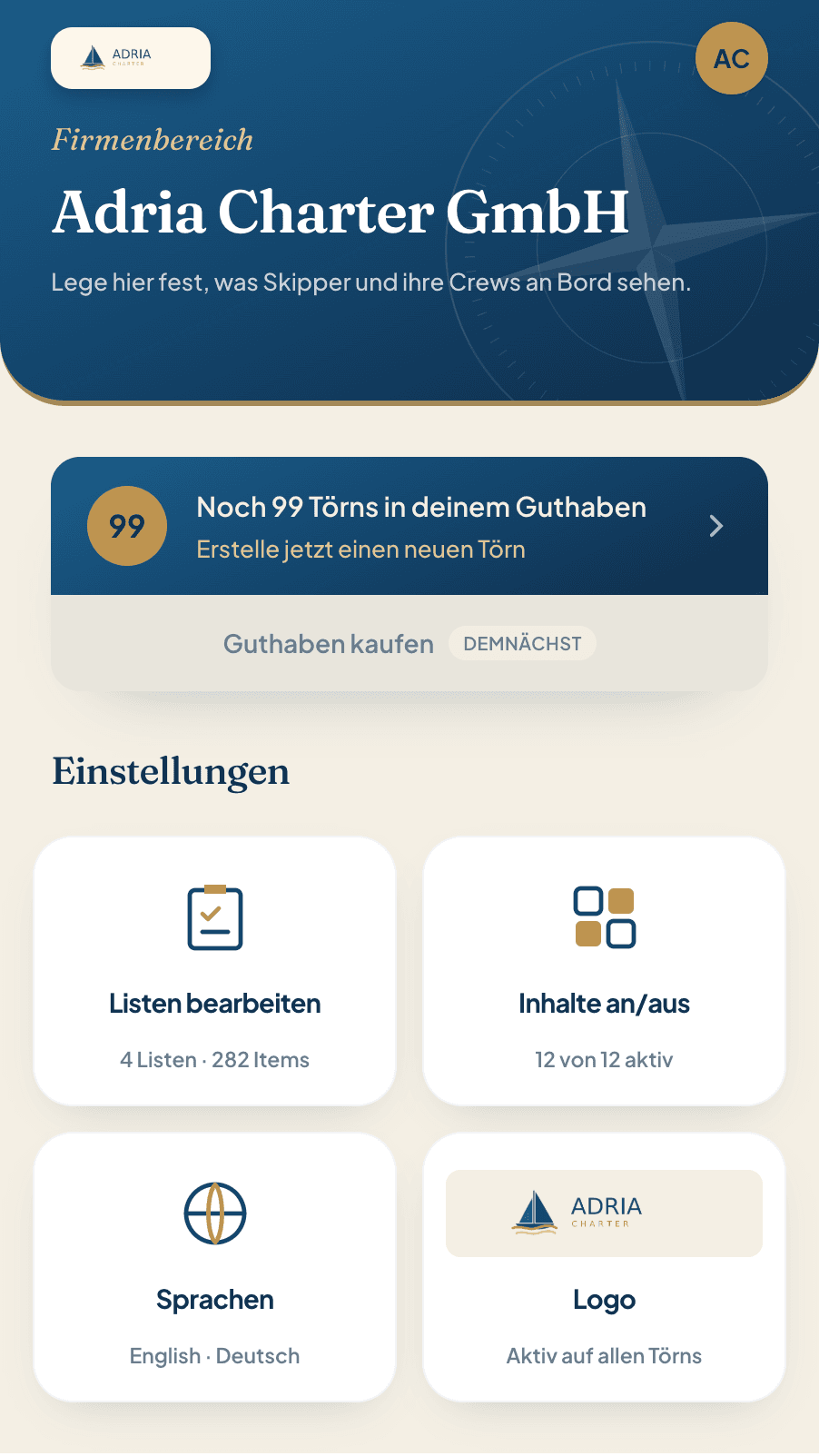Firmen-Dashboard – Guthaben & Törn-Liste
