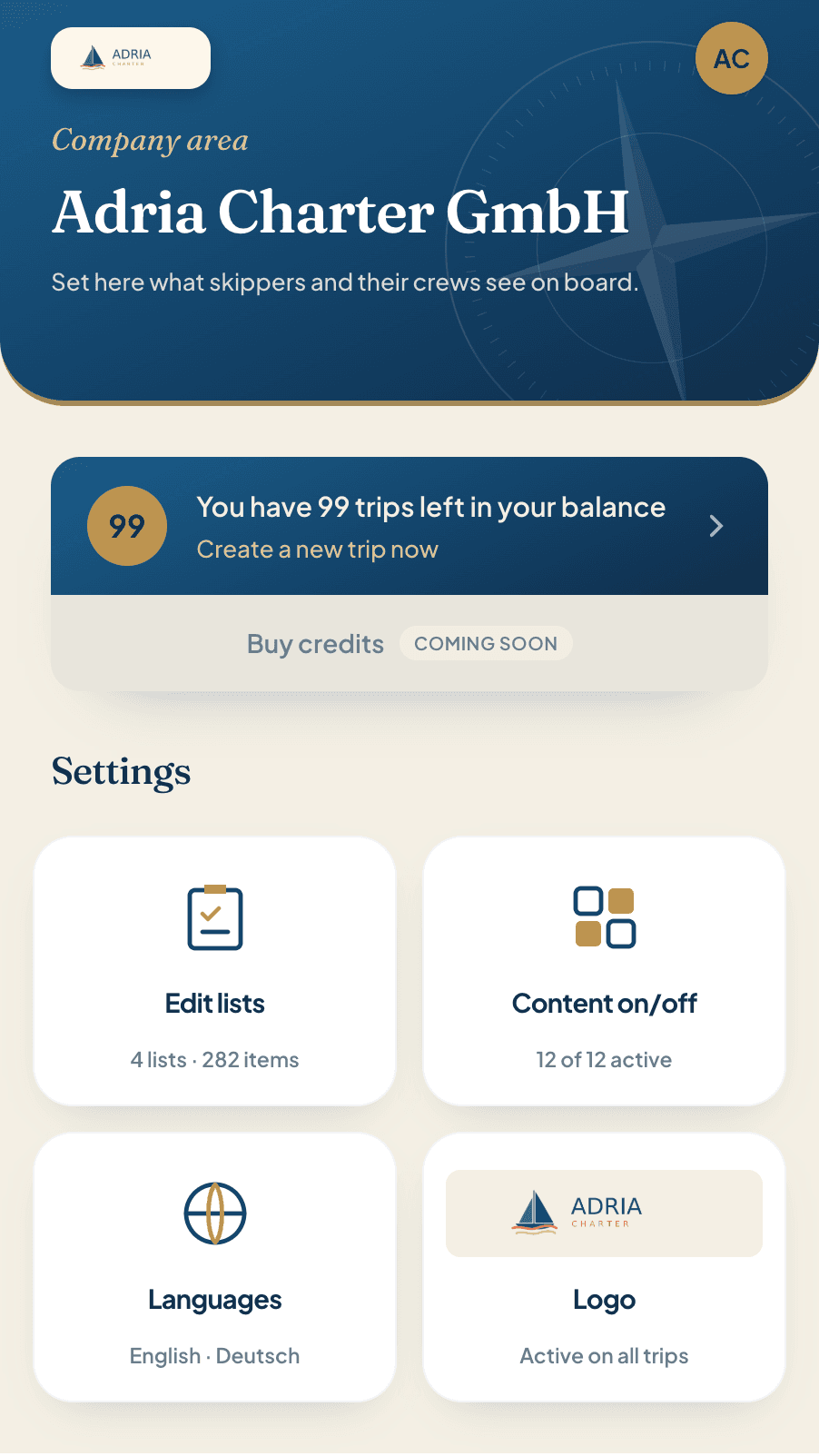 Company dashboard - credits and trip list
